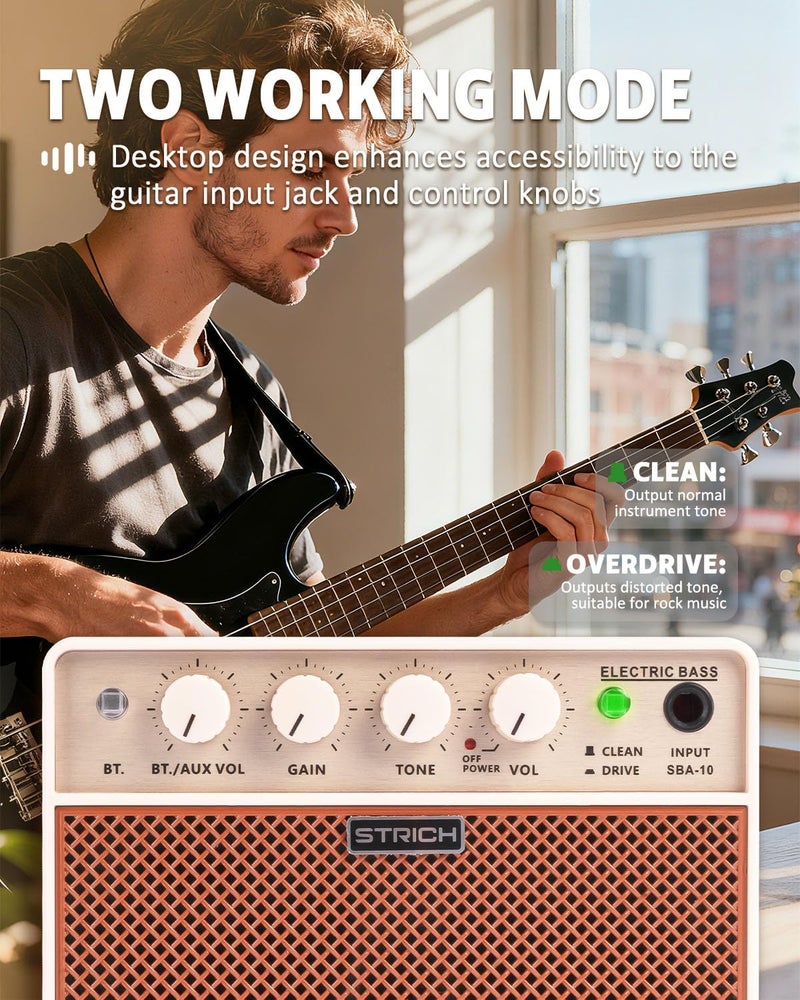 STRICH 2 x 5 W Mini Bass Amp - Portable, Rechargeable Bass Practice Amplifier with Clean & Drive Channels, 1/8 Headphone Output for Beginner, Brown - Image 5